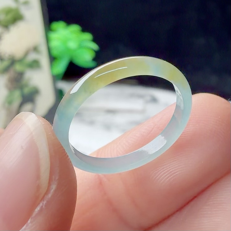 13号老坑蓝绿飘黄翡翠指环细圆条平安戒男女百搭翡翠素圈幸运环