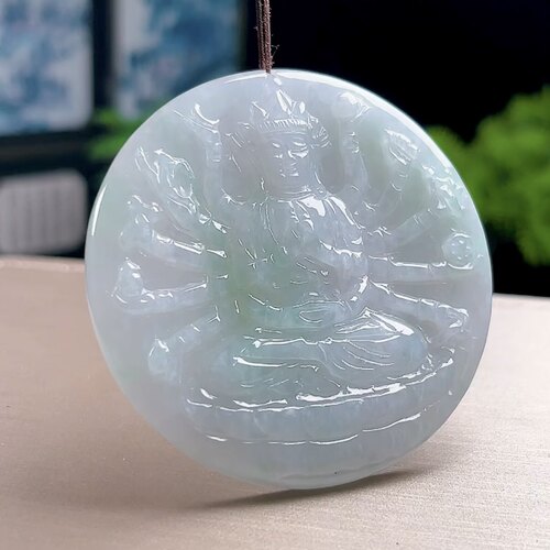 保真缅甸料玉石天然A货翡翠飘花千手观音牌玉坠 生肖鼠守护神吊坠