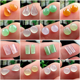 缅甸A货冰种翡翠蛋面水滴无事牌玉戒面 阳绿紫黄天然玉石耳钉镶嵌