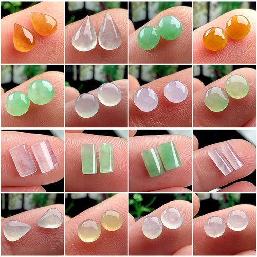 缅甸A货冰种翡翠蛋面水滴无事牌玉戒面 阳绿紫黄天然玉石耳钉镶嵌