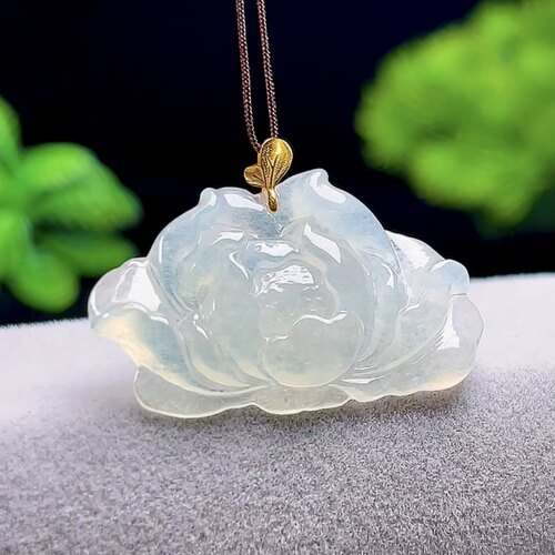 天然翡翠冰润莲花玉坠一品清廉缅甸料玉石A货18K金镶花开富贵吊坠