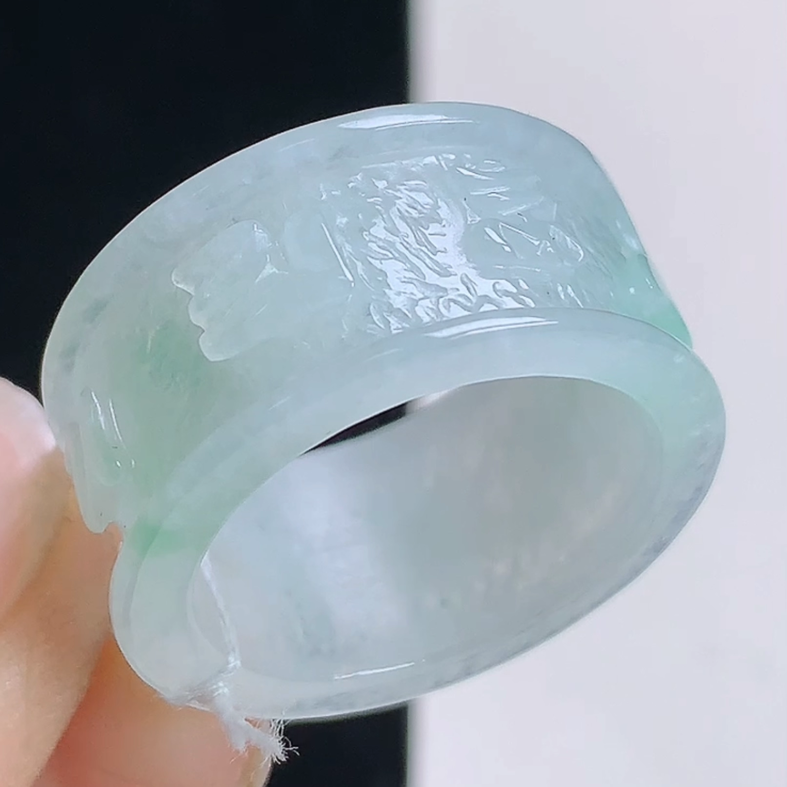 20mm冰底飘绿天然A货翡翠路路通指环 玉石扳指六字真言转运珠戒指