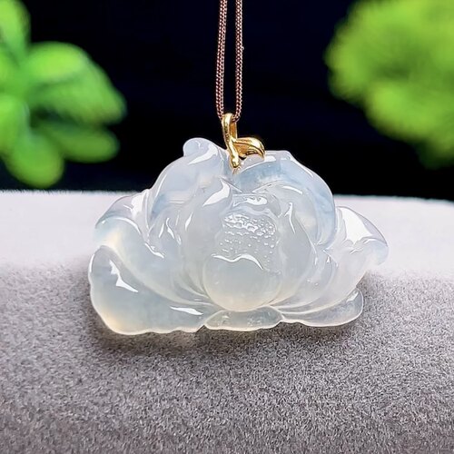 天然翡翠冰润莲花玉坠一品清廉缅甸料玉石A货18K金镶花开富贵吊坠