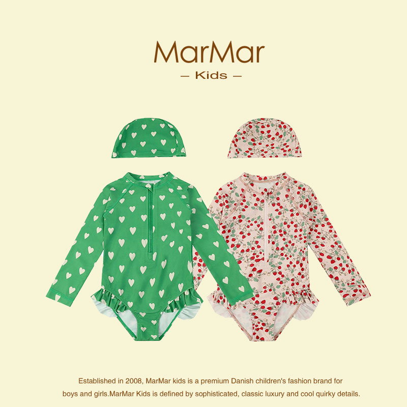 丹麦MARMAR KIDS女童连体泳衣夏季ins风宝宝泳帽防晒速干可爱泳装
