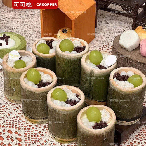 中式满月甜品台竹筒杯木桶杯甜品
