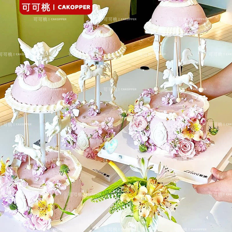 亚克力旋转木马蛋糕支架高透明悬浮底托韩式复古结婚甜品台点心架