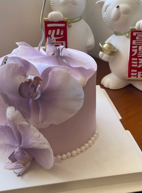 韩式紫色蝴蝶兰花盒珍珠串插件女神节通用蛋糕甜品台装饰烘焙摆件