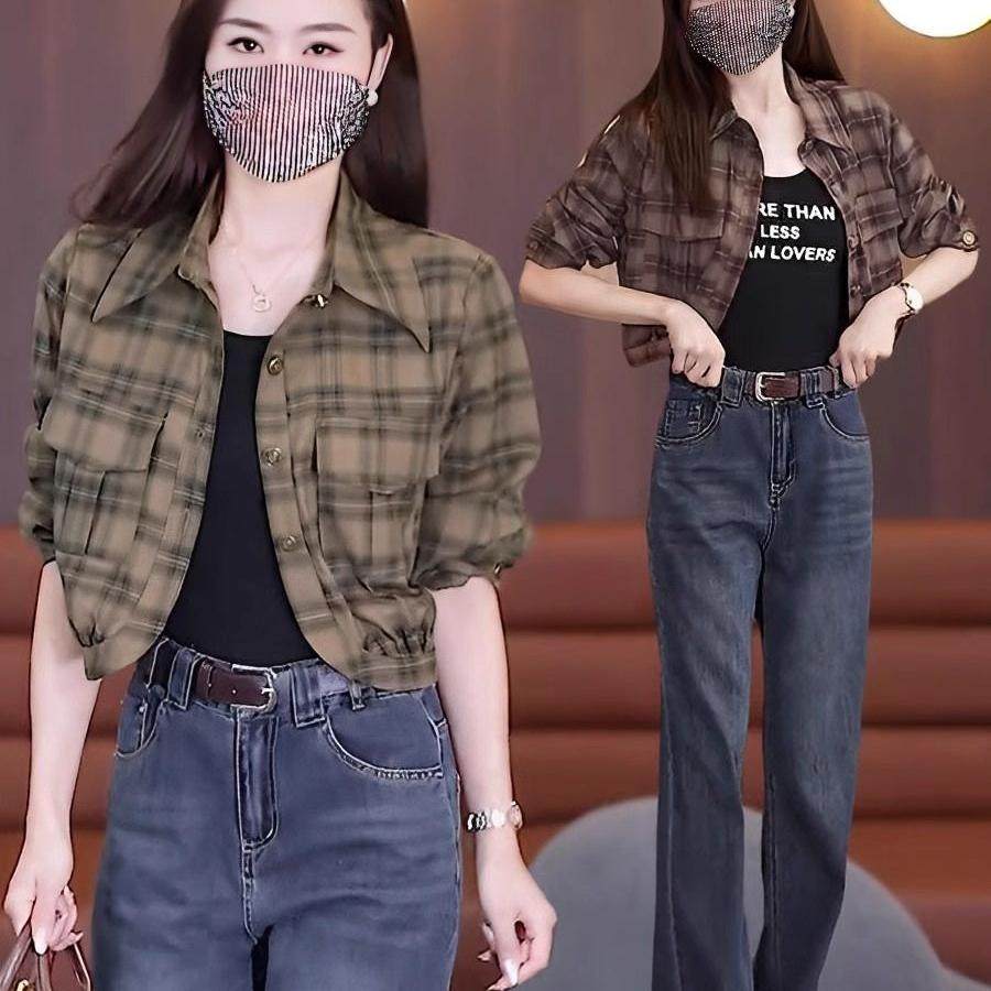 复古格子衬衫女小外套春秋2024新款休闲衬衣高级感洋气短时尚上衣