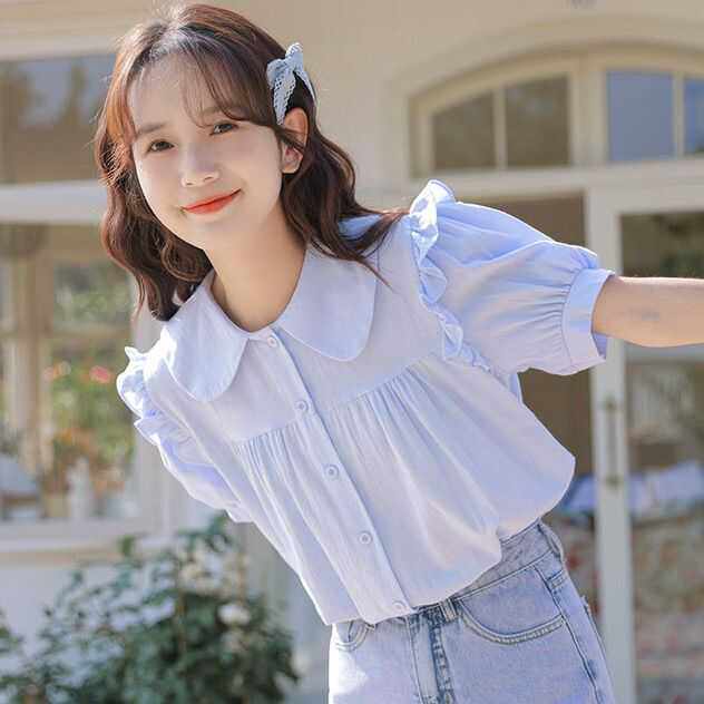 娃娃领衬衫少女春秋装2024新款初中高中学生小清新甜美日系衬衣服