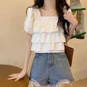 2024夏季 新款 韩版 雪纺衬衫 宽松显瘦短袖 方领百搭气质荷叶边上衣女