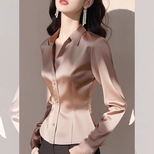 欧货洋气独特别致漂亮上衣 女2025年新款 法式 气质醋酸缎面掐腰衬衫