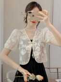 薄款 外搭防晒开衫 外套罩衫 短款 上衣 新中式 短袖 盘扣蕾丝披肩女夏季