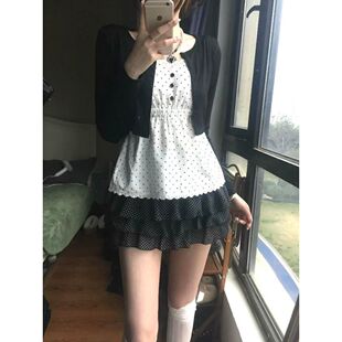 黑白软糖 古早波点甜美少女假两件针织开衫上衣+波点短裙两件套女