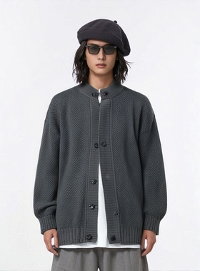 灰色F.TOBO立领针织开衫外套男装2025新款秋冬复古百搭情侣款毛衣