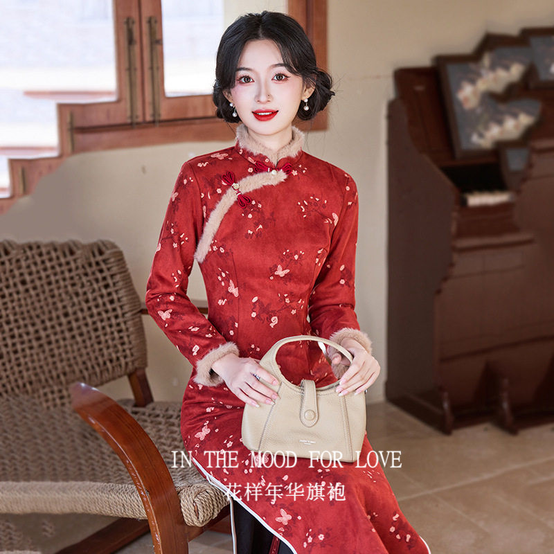 新中式红色长袖加绒保暖拜年服