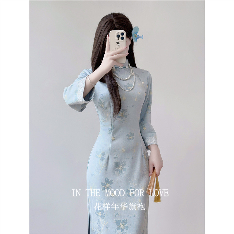四小姐花样年华旗袍气质高端修身改良新中式国风连衣裙蓝色日常秋