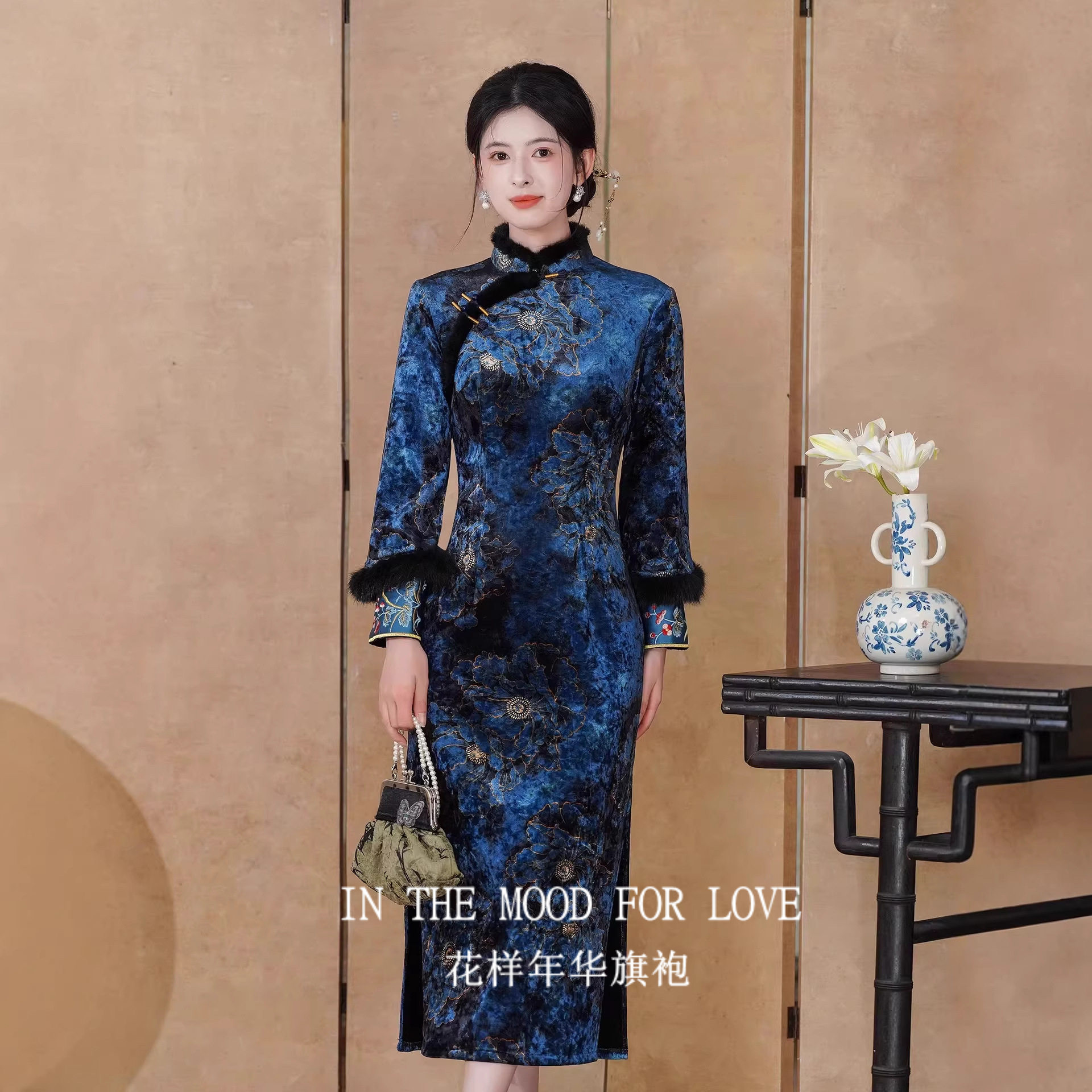 四小姐花样年华旗袍新中式民国风加绒女长袖长裙冬季连衣裙高端