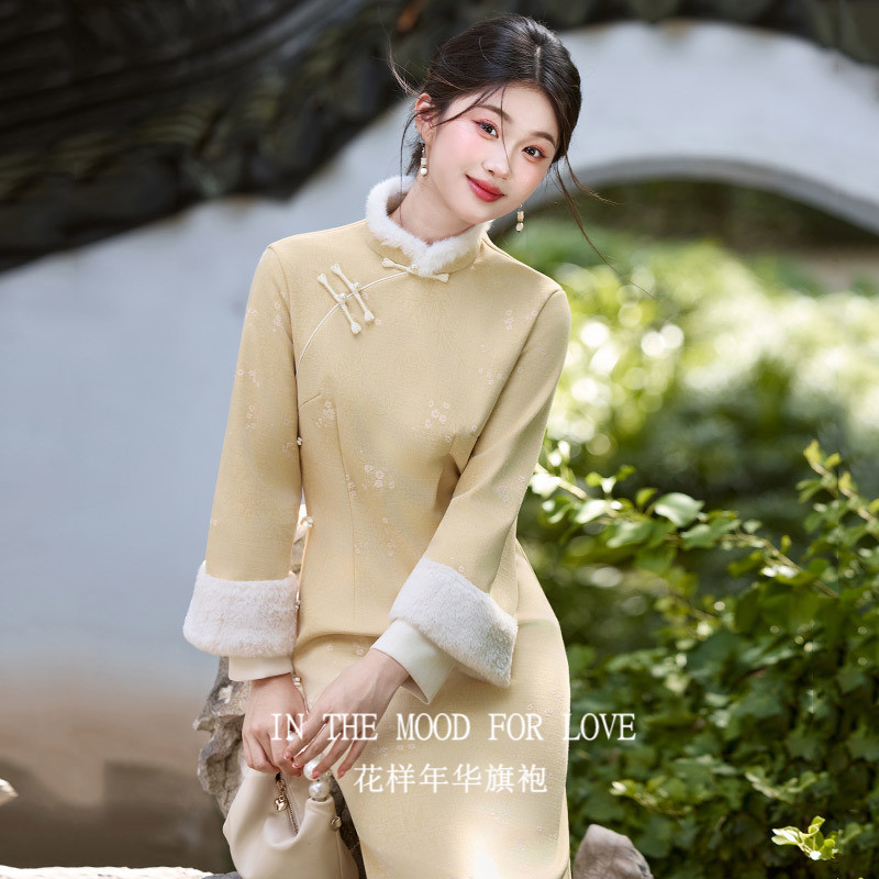 黄色加绒加厚冬装女长款