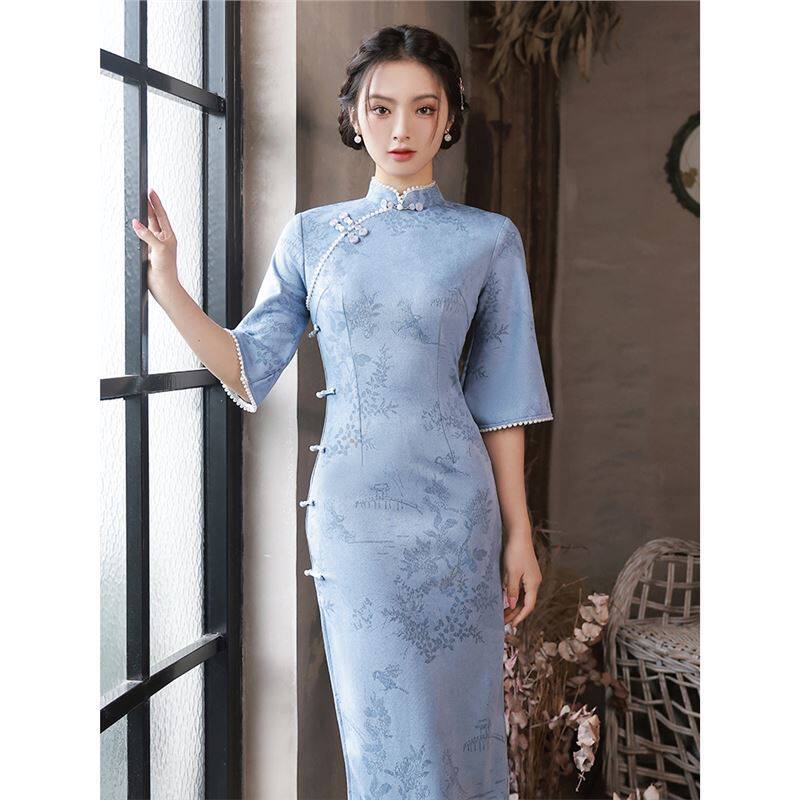 四小姐花样年华旗袍蓝色年轻款少女2024年新款春中袖日常复古民国