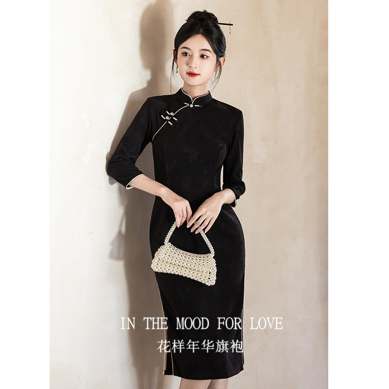 四小姐花样年华旗袍黑色女新中式小个子连衣裙长袖复古气质国风