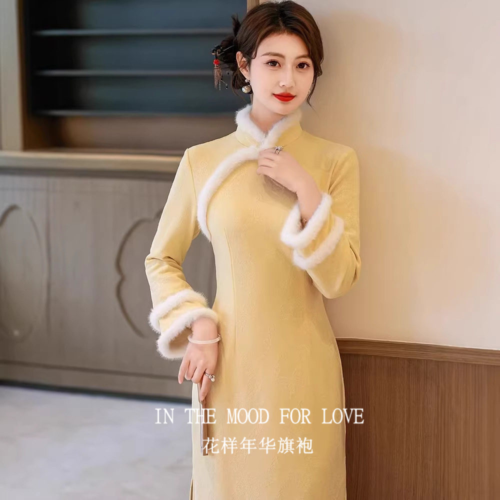 新中式黄长袖加绒裙06