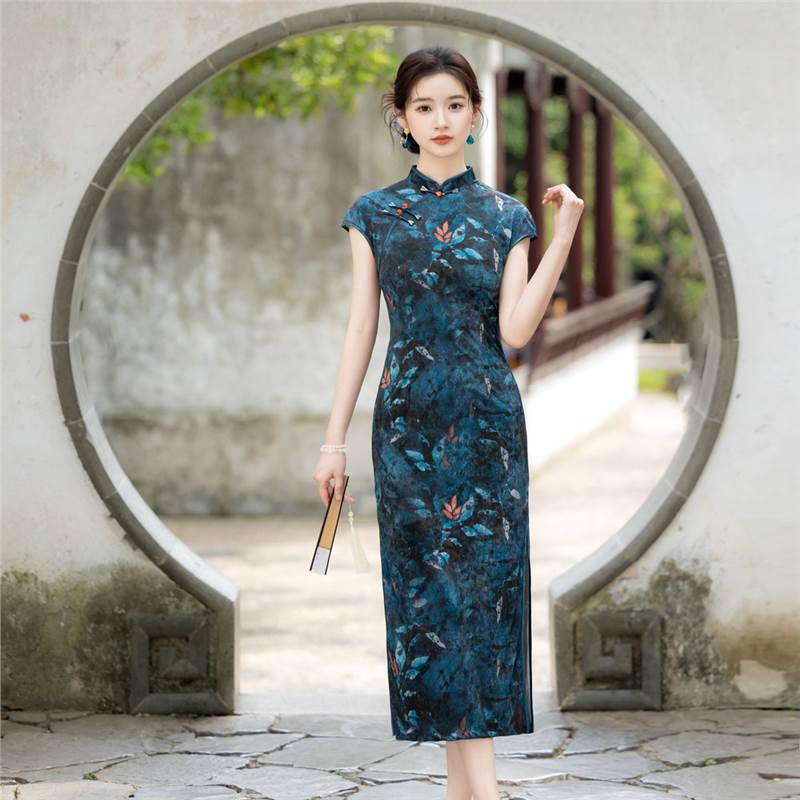 四小姐花样年华旗袍老上海民国风改良女复古印花丝绒有弹力短袖优