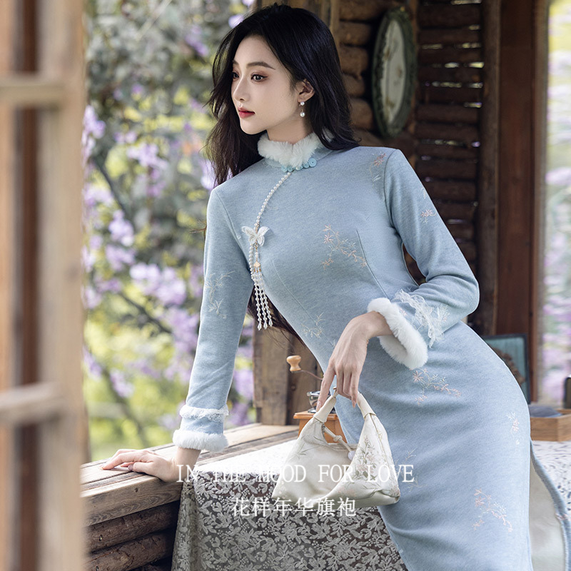 四小姐花样年华旗袍蓝色加绒加厚冬装国风中式长款长袖女冬季