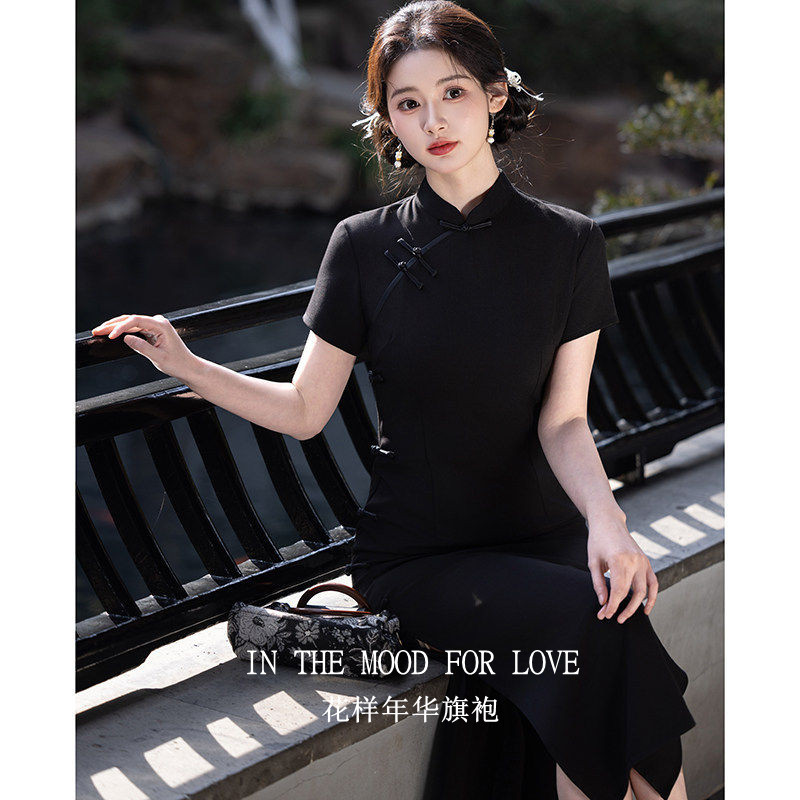 四小姐旗袍黑色棉麻复古长款
