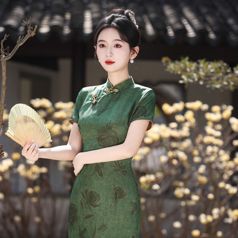 四小姐花样年华旗袍墨绿提花老上海民国长款礼服演出服2026年新款