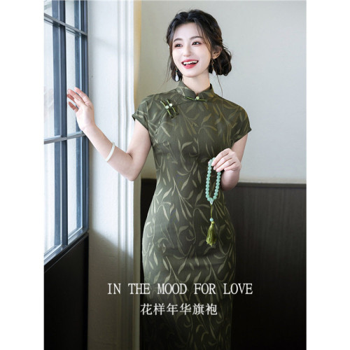 老上海复古绿少女修身裙