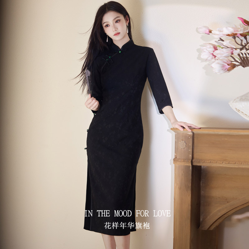 四小姐花样年华旗袍黑色国风长袖秋季年轻款女复古修身收腰日常
