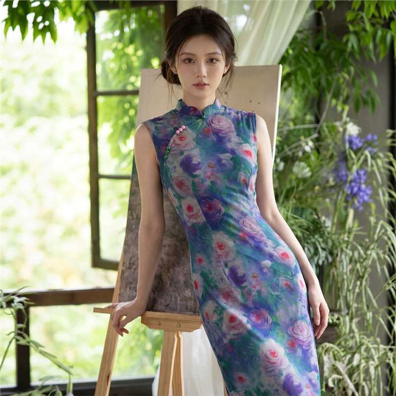 四小姐花样年华旗袍蓝色网纱印花夏长款女2026夏新款少女无袖年轻