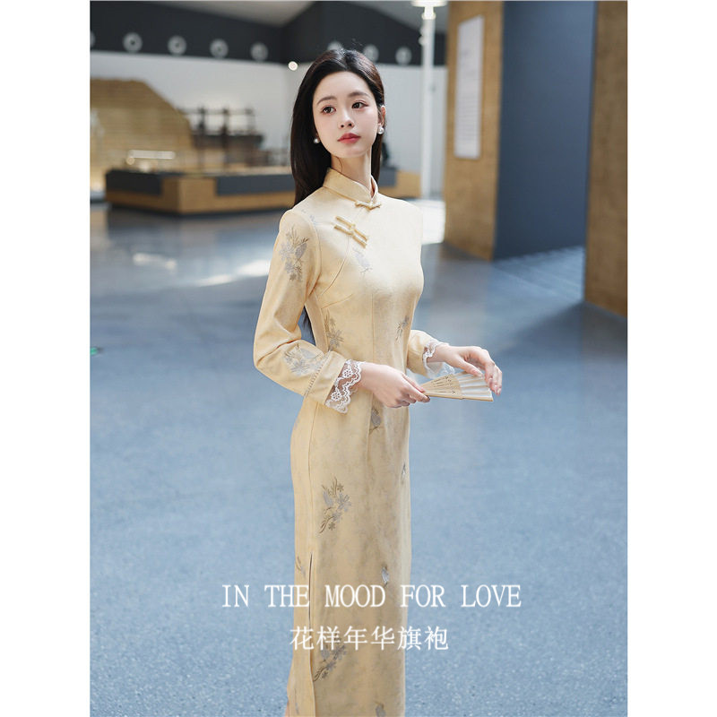 四小姐花样年华旗袍新中式黄色长袖2026修身显瘦气质淑女连衣裙春