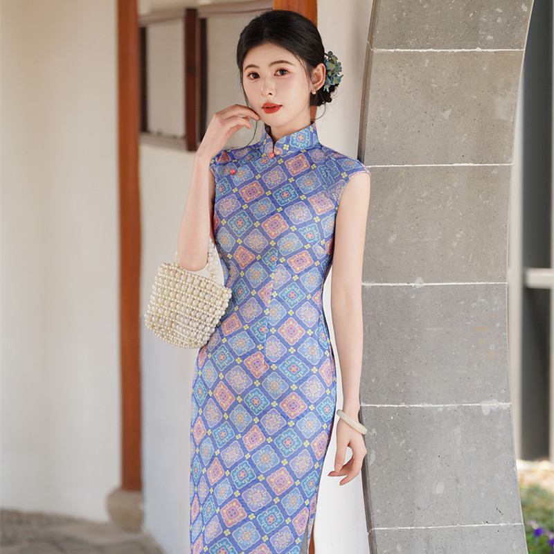 四小姐花样年华旗袍改良女夏季蓝色菱格印花立领无袖日常新中式年
