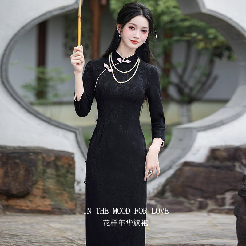四小姐花样年华旗袍黑色国风中式中秋季长袖改良年轻款复古修身