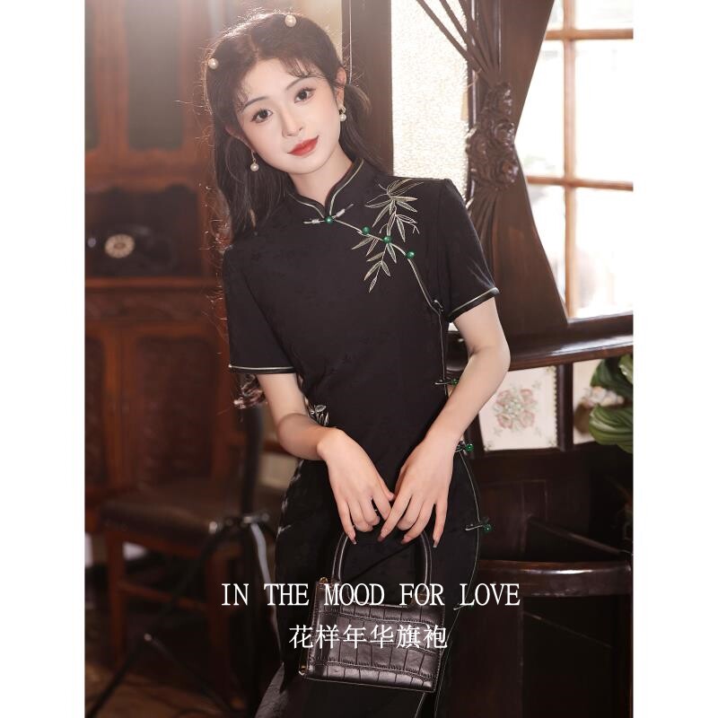 【花样年华旗袍】中式连衣裙刺绣民国改良女黑色日常可穿2026新款