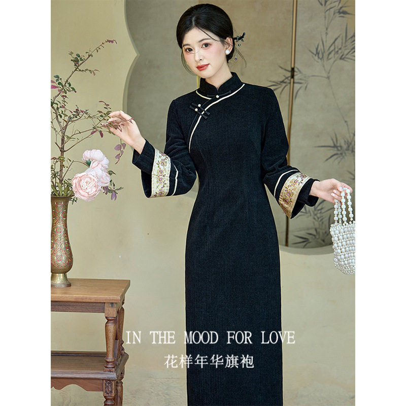 四小姐花样年华旗袍新中式黑色冬季女长袖加绒加厚连衣裙秋冬季
