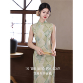 连衣裙清新文艺禅意风 修身 四小姐花样年华旗袍水墨绿无袖 女中长款