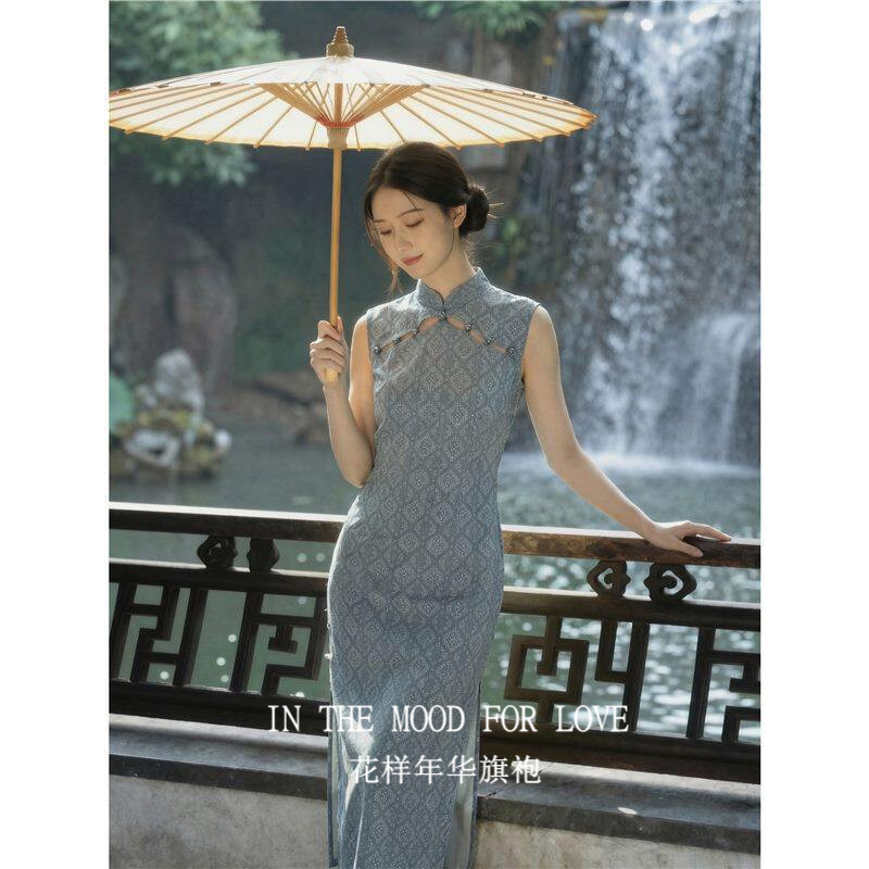 新中式浅蓝收腰无袖连衣裙