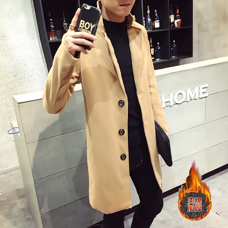 D67加棉款秋冬男士韩版修身潮男装中长款风衣男呢料外套男P55,男装风衣,四季星座1205