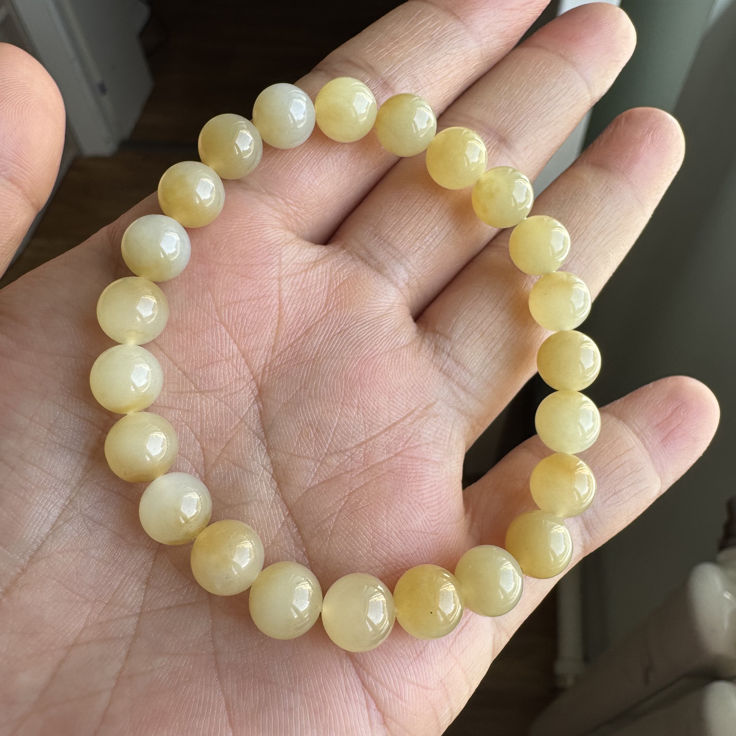 新疆和田玉糖白玉手链且末金山蜜糖过灯无瑕8mm圆珠手串男女精品