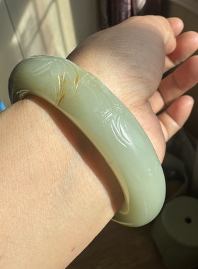 54.5圈新疆和田玉籽料青白玉手镯暖白微翠原皮毛孔厚装秀竹收藏镯