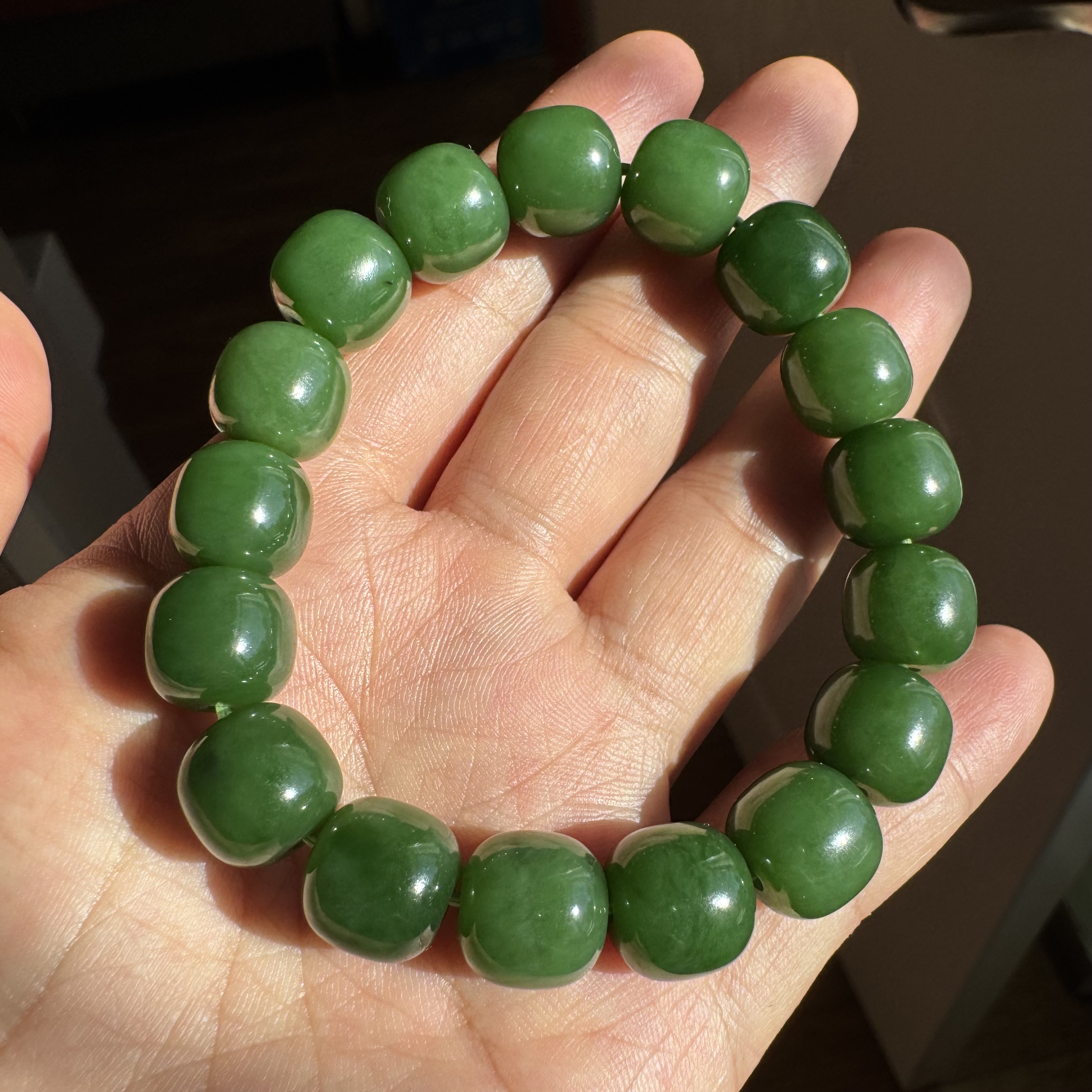 俄碧老坑料和田玉碧玉手串12mm老型珠满绿辣绿轻微红皮矿点手链
