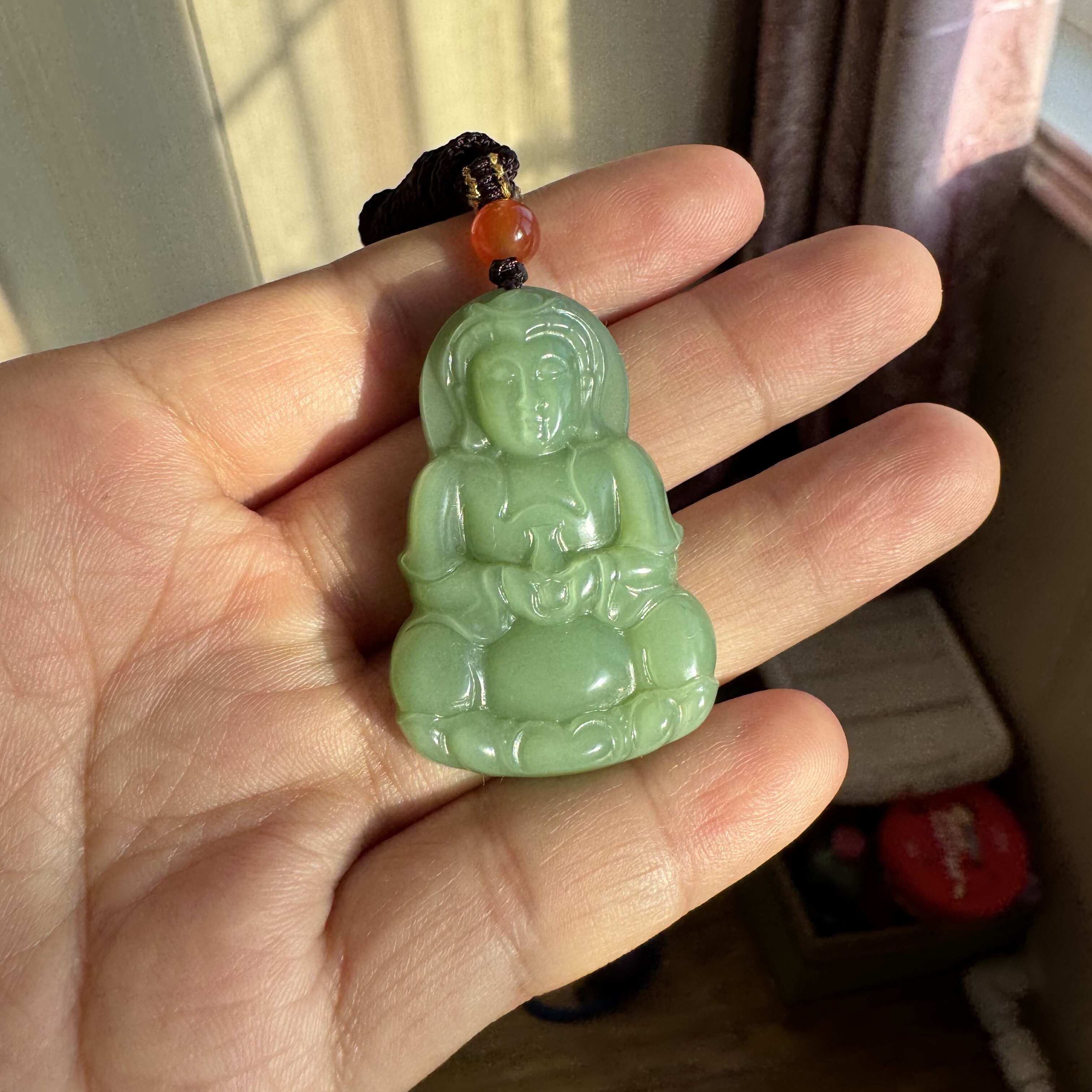 和田玉碧玉粉绿观音吊坠俄碧老矿夹层料高细无暇男女挂件新年收藏