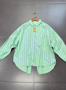 外贸单纯原 vest1que纯原棉质清新绿色条纹衬衫上衣 后背开叉衬衫