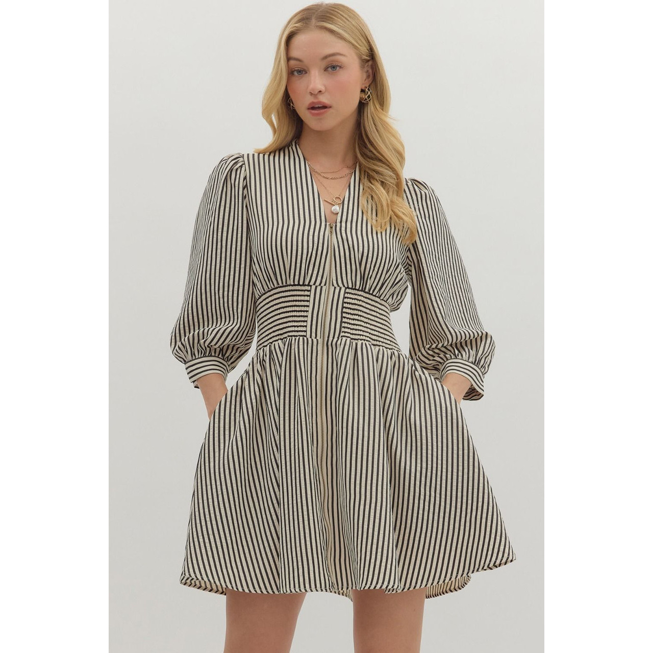 外贸单en*r0纯原 复古通勤风条纹控双头拉链 气质V领短连衣裙,女装/女士精品,连衣裙,淘宝优惠券,粉丝福利购,淘宝优惠卷