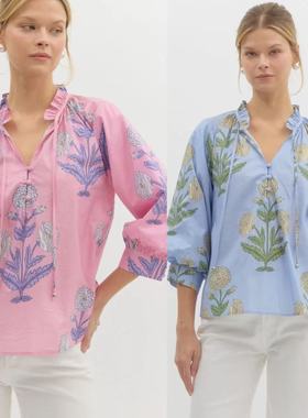 外贸单entr0 植物印花七分袖泡泡袖小立领宽松版棉质宽松版上衣女