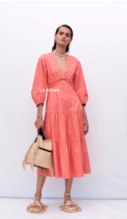 贵牌纯元高级质感纯棉镂空性感灯笼袖收腰A字摆长款midi长连衣裙