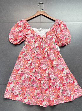 外贸@ltar'd st@te红色花朵甜美大方领碎花泡泡袖收腰mini连衣裙
