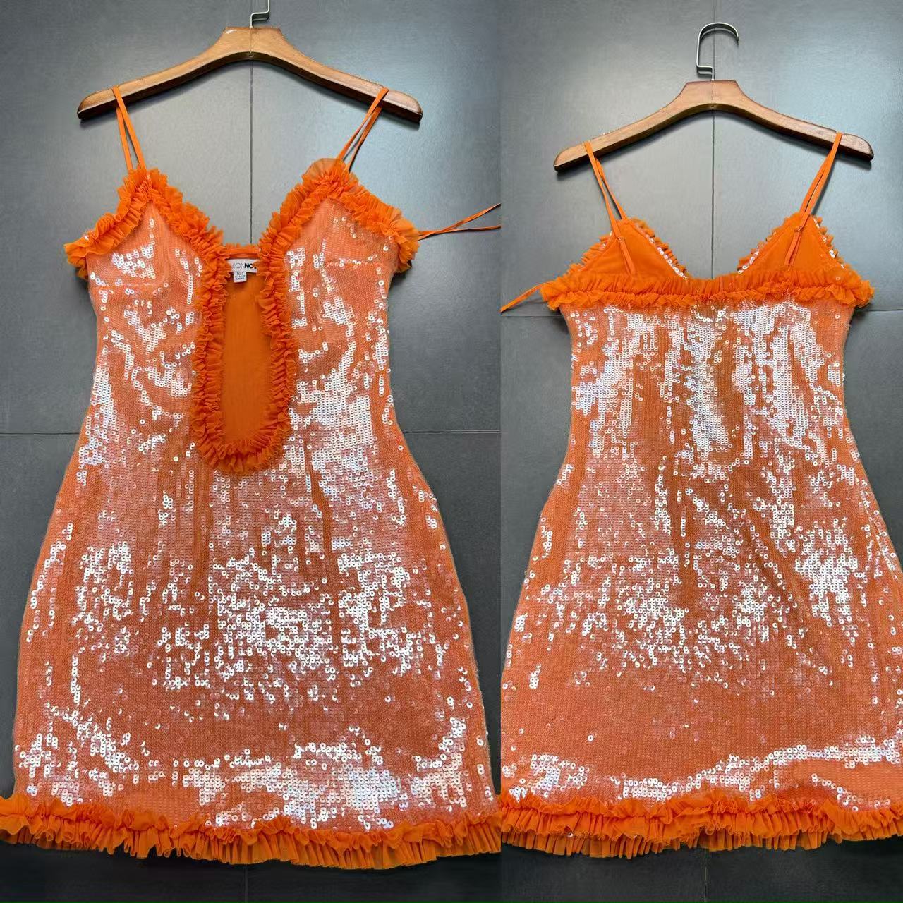 外贸单性感大辣妹南瓜色连衣裙